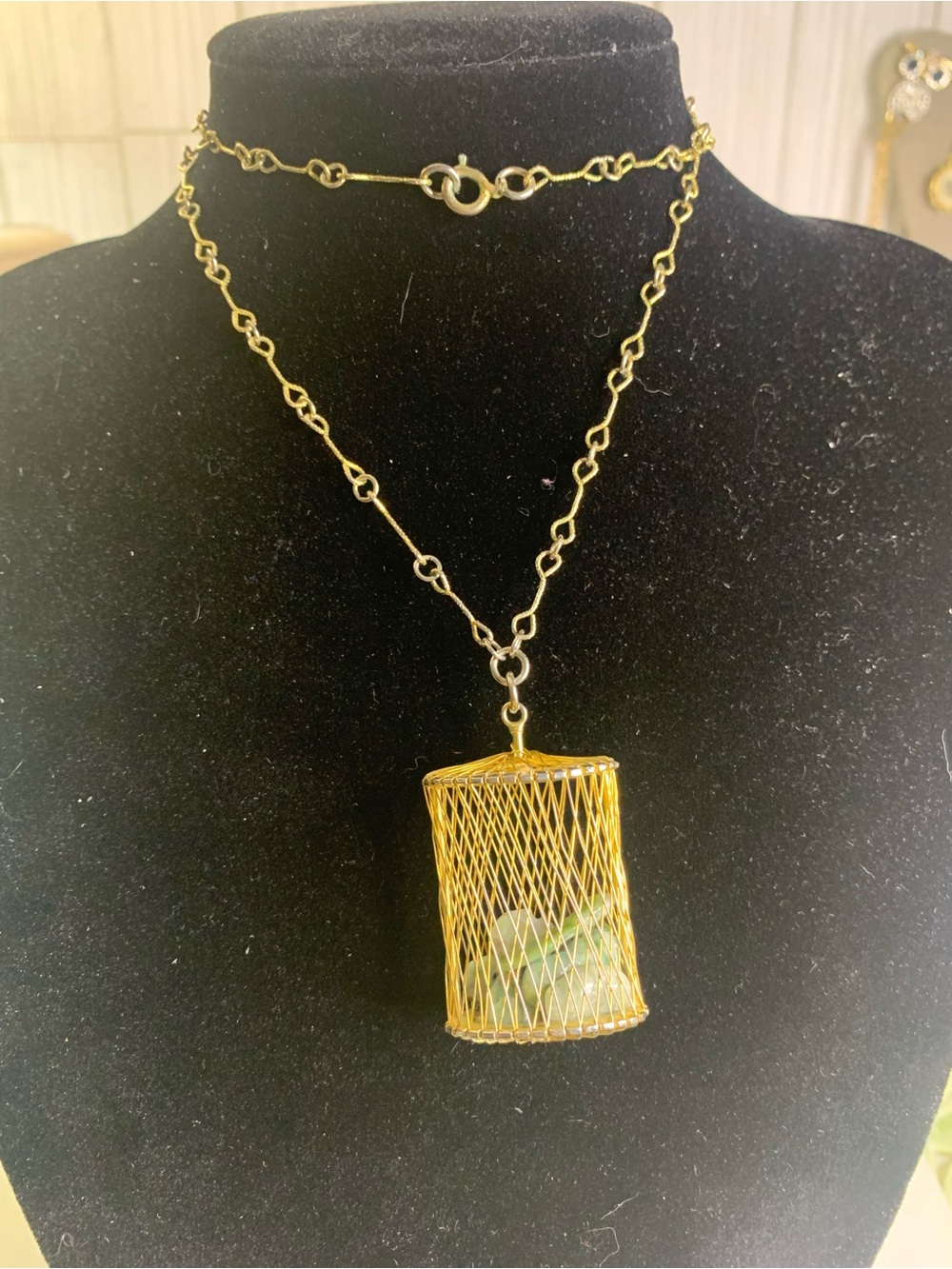 Gold Filled Mesh Wire Cage Pendant and Necklace with Green Jade Stones